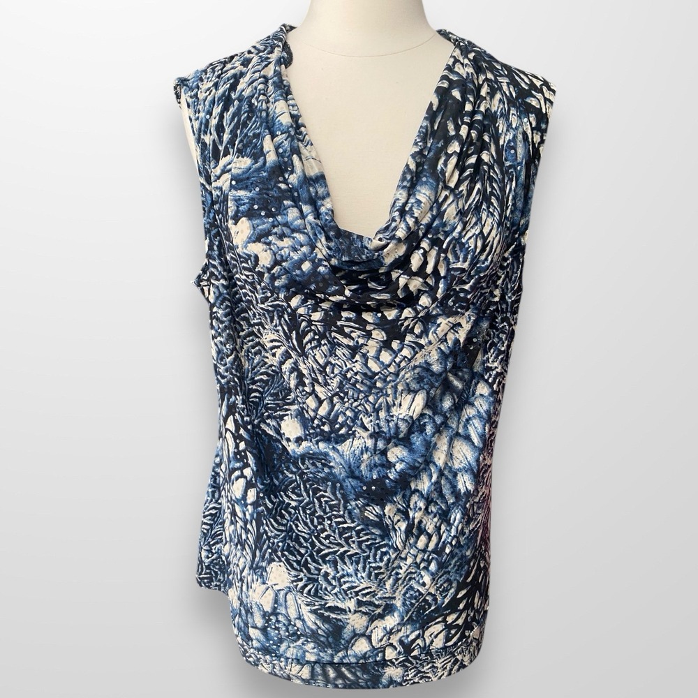 Alfani Woman Size 1X Top Shirt Blouse Sleeveless‎ Draped Clear Sequin Blue